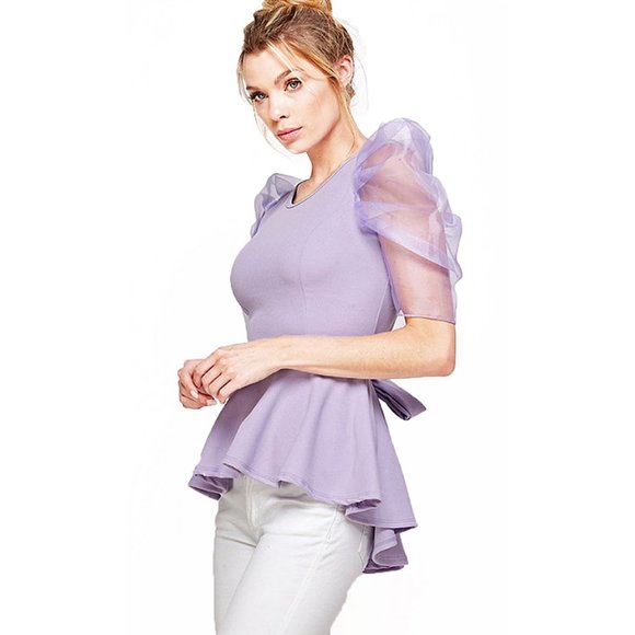 Retro Sheer Puff Romantic Lavender Blouse Top - Picture 3 of 7